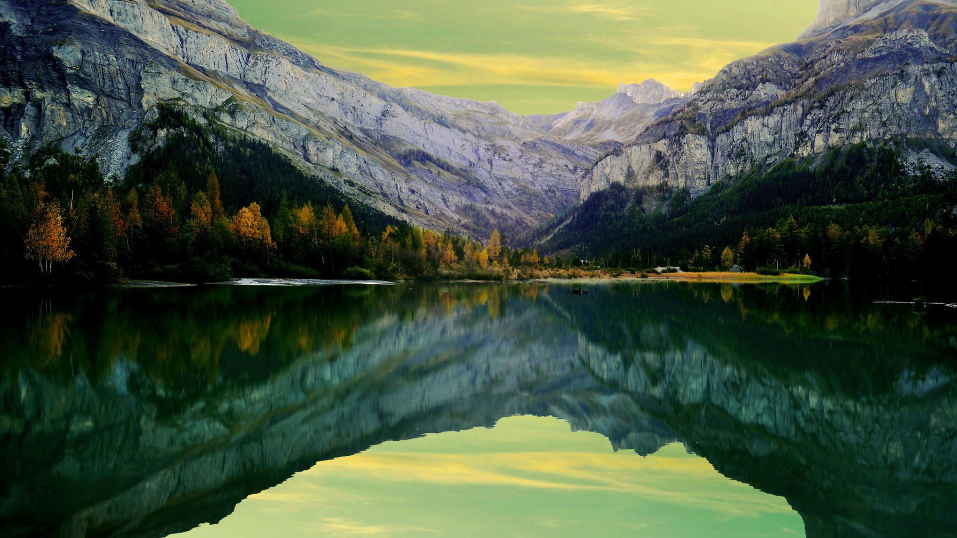 деревья, озеро, отражение, осень, горы