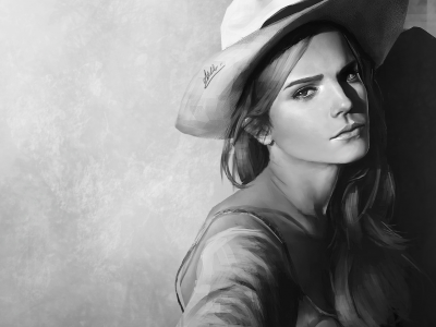 эмма уотсон, рисунок, арт, фон, чернобелое, шляпа, портрет