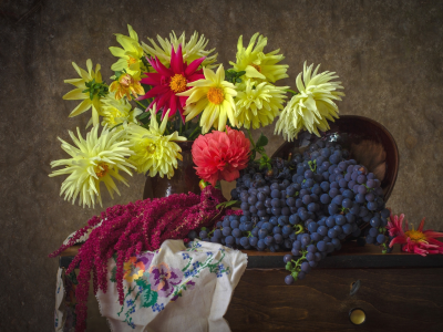 цветы, амарант, натюрморт, виноград, осень, георгин