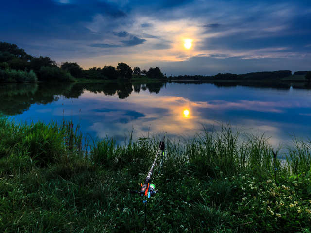 берег, рыбалка, удочка, лето, солнце, небо, трава, река, облака