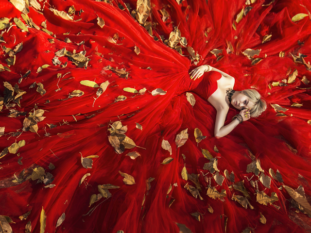 лежит, девушка, лицо, красное, платье, листья