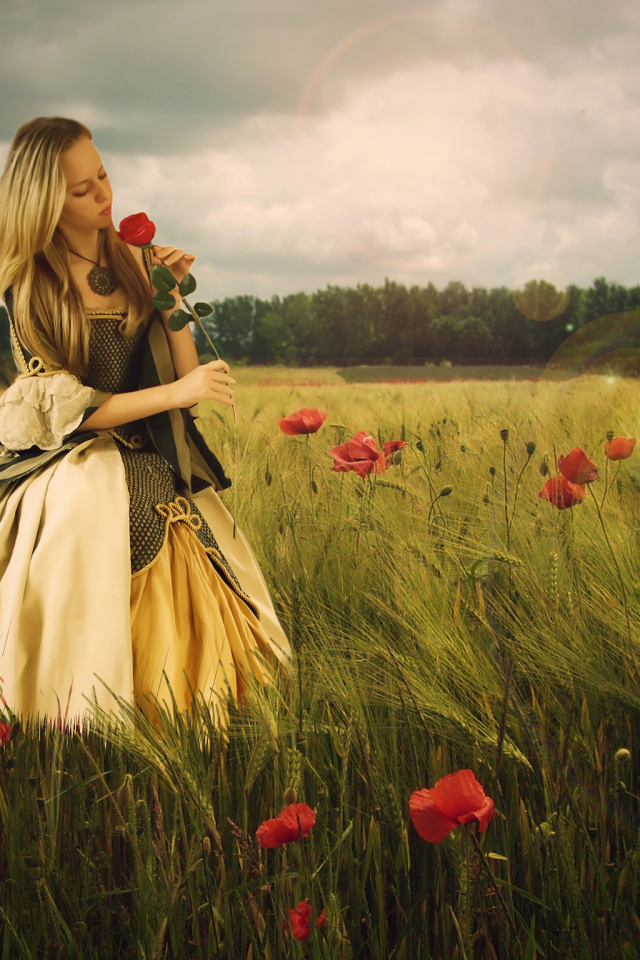цветы, настроение, девушка, поле, маки, платье, роза