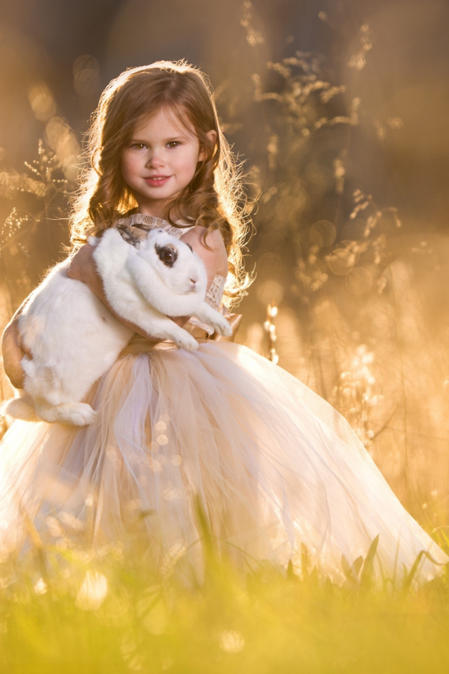 платье, трава, кролик, луг, настроение, девочка