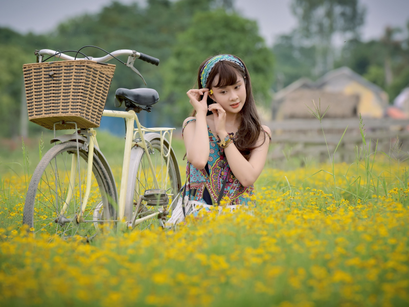 велосипед, лицо, девушка, поле, азиатка