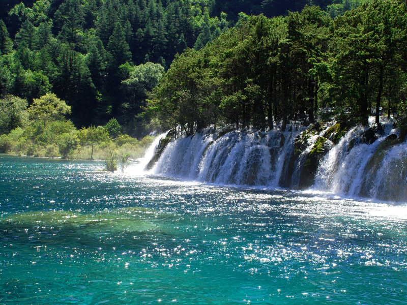 водопад, деревья, река