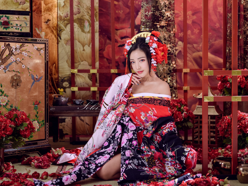 geisha, asian, kimono, colorful