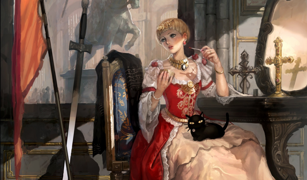 девушка, оружие, замок, котик, крест, меч, зеркало, арт, фрагмент, леди