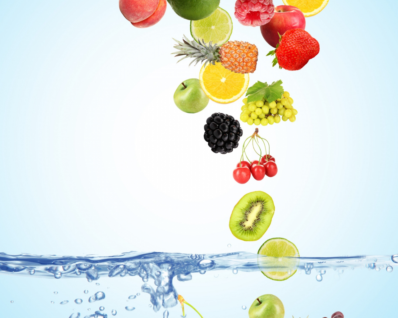вода, пузырьки, вишня, ягоды, малина, фон, голубой, лимон, яблоки, кокос, киви, клубника, виноград, сверху, лайм, фрукты, персики, падают