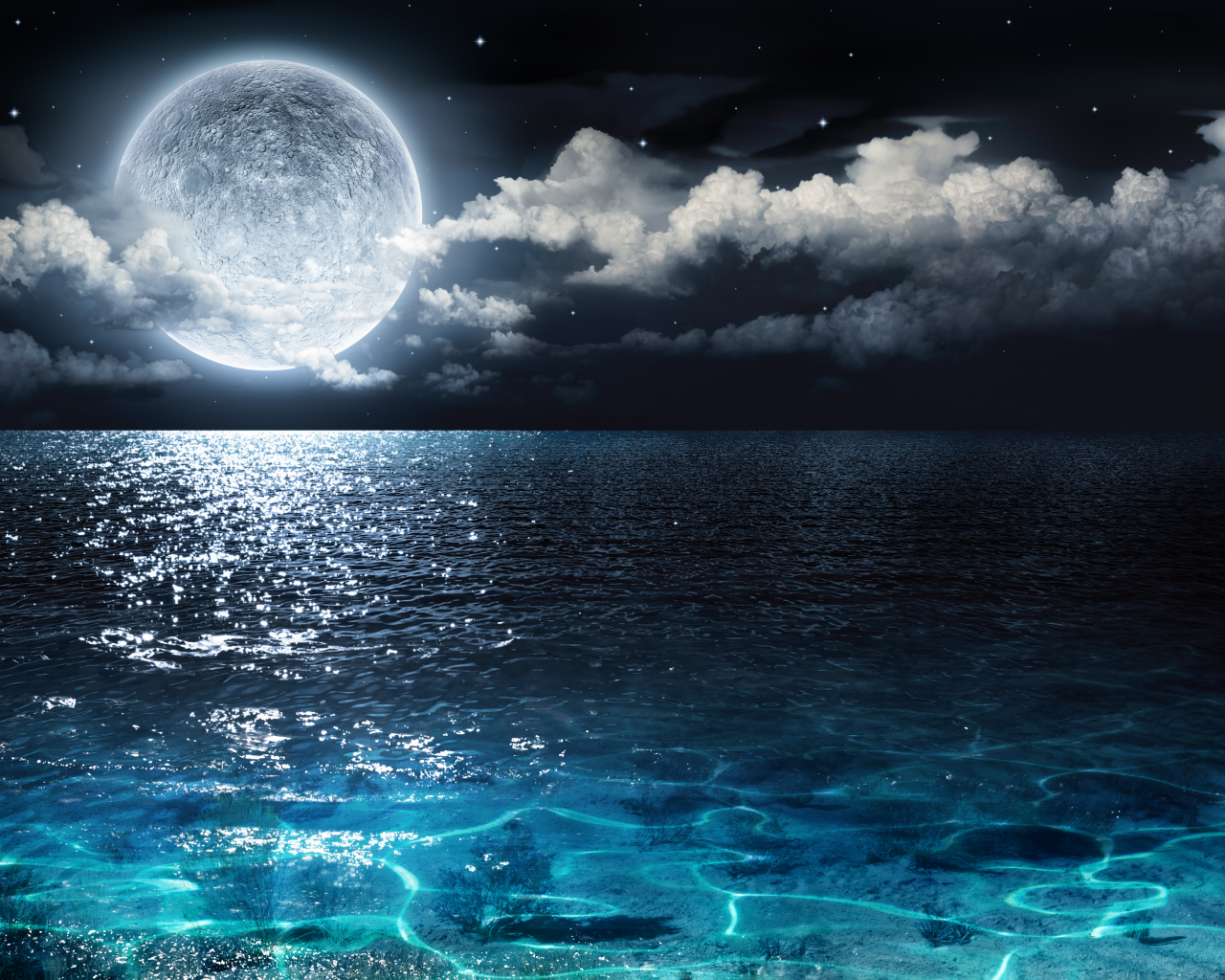 море, луна, ночь, пейзаж, облака, небо, океан