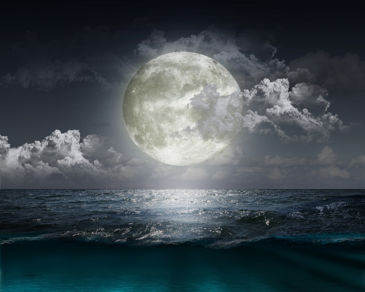 океан, море, луна, ночь, пейзаж, облака, небо