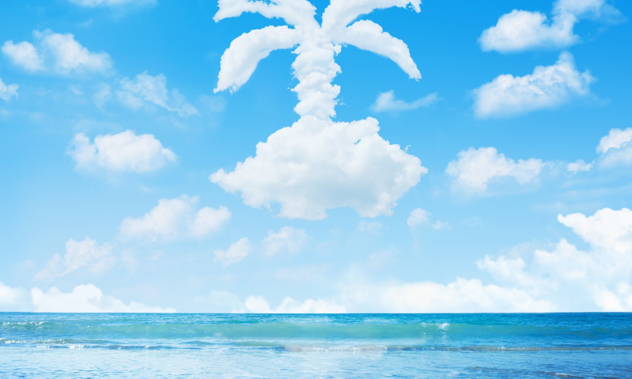 песок, море, облака, пальма