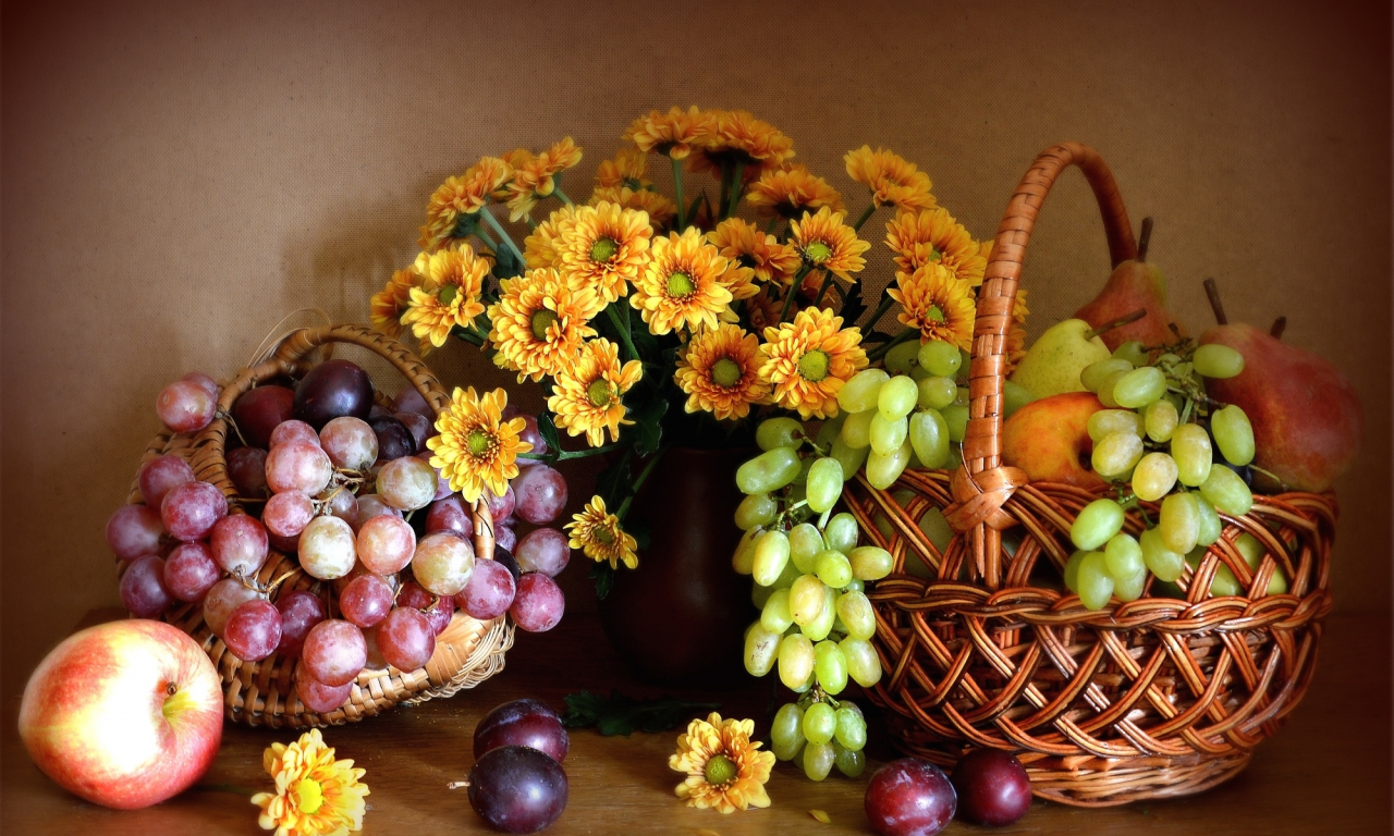 цветы, яблоко, виноград, груша, фрукты, натюрморт, хризантемы, слива