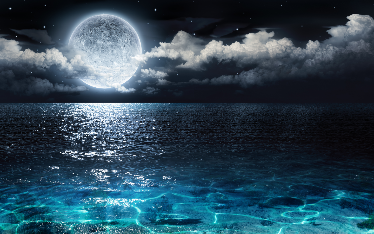 море, луна, ночь, пейзаж, облака, небо, океан
