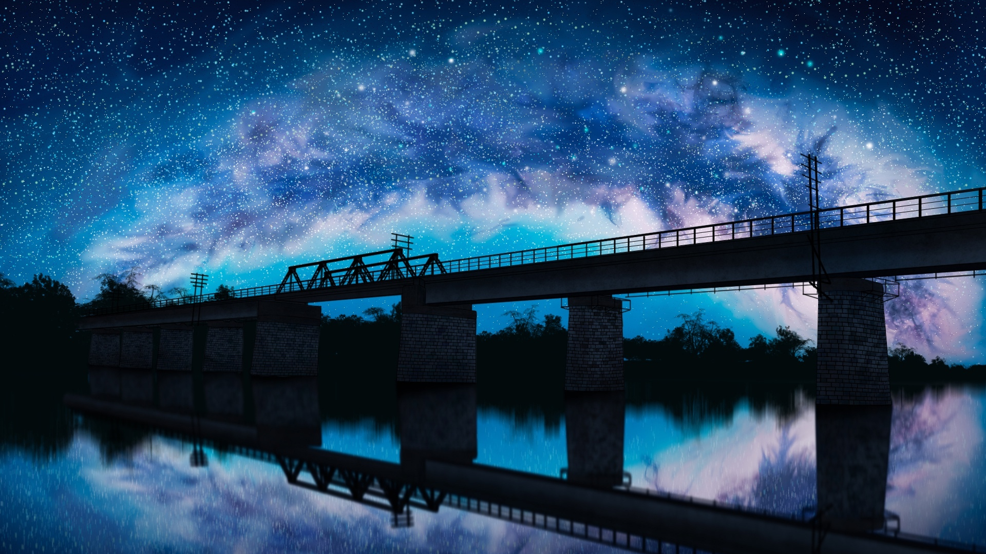 небо, ночь, мост, отражение, река, железнодорожные пути, liwei191