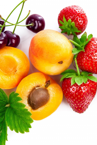 крупным планом, абрикосы, листья, белый фон, фрукты, вишня, клубника, ягода