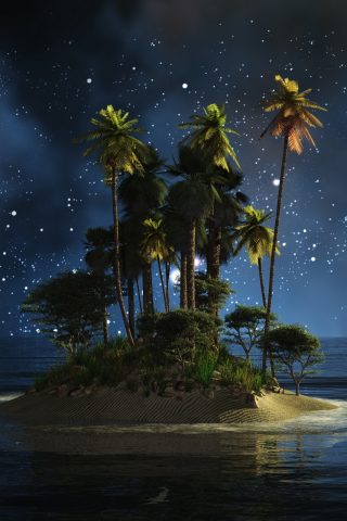 вода, ночь, пальмы, остров