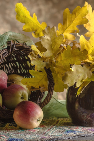 осень, листья, яблоки, натюрморт, дуб