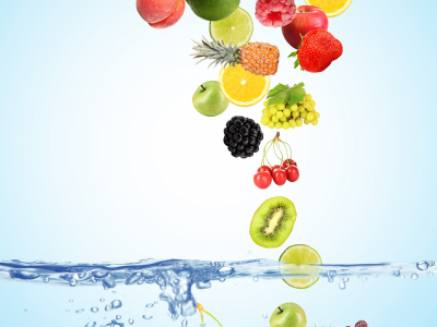 вода, пузырьки, вишня, ягоды, малина, фон, голубой, лимон, яблоки, кокос, киви, клубника, виноград, сверху, лайм, фрукты, персики, падают