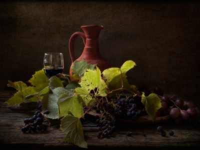 вино, виноград, кувшин, натюрморт