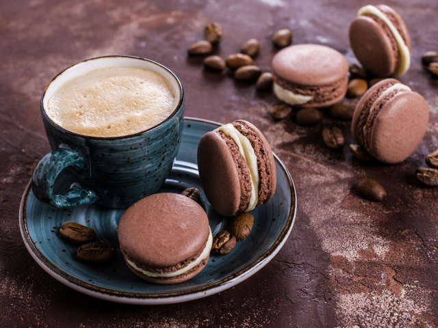 кофе, печенье, крем, десерт, выпечка, sweet, coffee cup, cookies, french, macaron, almond, макаруны