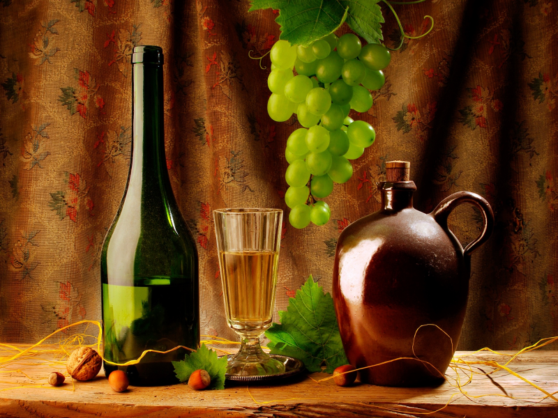 листья, зеленый, вино, бокал, бутылка, виноград, доска, кувшин, орехи, натюрморт, штора, фундук, грецкий