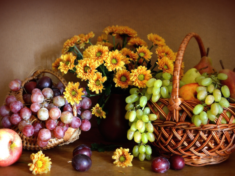 цветы, яблоко, виноград, груша, фрукты, натюрморт, хризантемы, слива