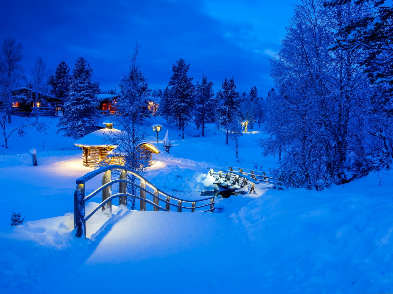 зима, снег, деревья, мост, деревня, сугробы