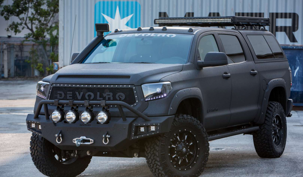 автомобиль, тойота, тундра, экспедиция, toyota, tundra, devolro, expedition, 2017, front, three, muscle, musclecar, stance, power, car, mod, custom, front, sky, see, indusrial, modern, black, sun, summer, nice, wide