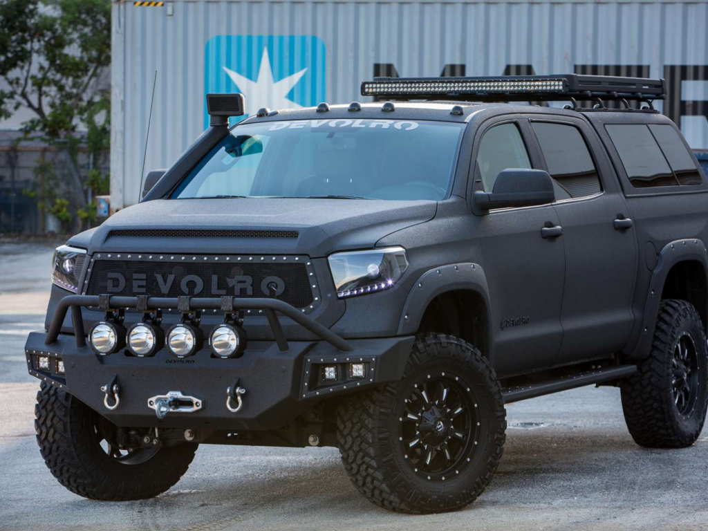 автомобиль, тойота, тундра, экспедиция, toyota, tundra, devolro, expedition, 2017, front, three, muscle, musclecar, stance, power, car, mod, custom, front, sky, see, indusrial, modern, black, sun, summer, nice, wide