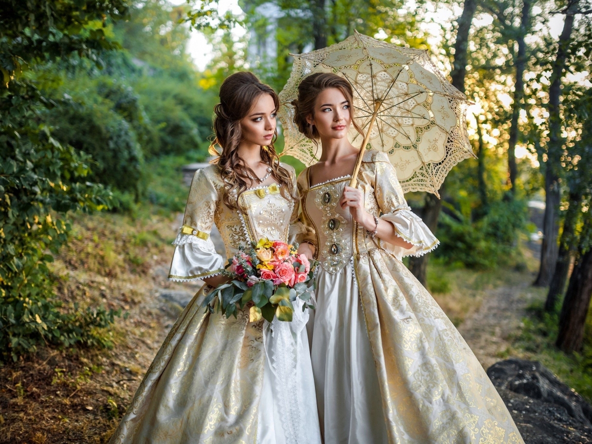 девушка, девушки, платье, зонт, girl, girls, umbrella, front, dress, long, old, classik, park, sun, solar, white, see, lips, eyes, nice, sky, wide