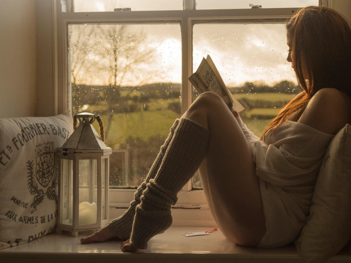 девушка, окно, girl, window, dress, short, front, floor, solar, white, legs, dark, drop, lips, eyes, nice, sky, wide