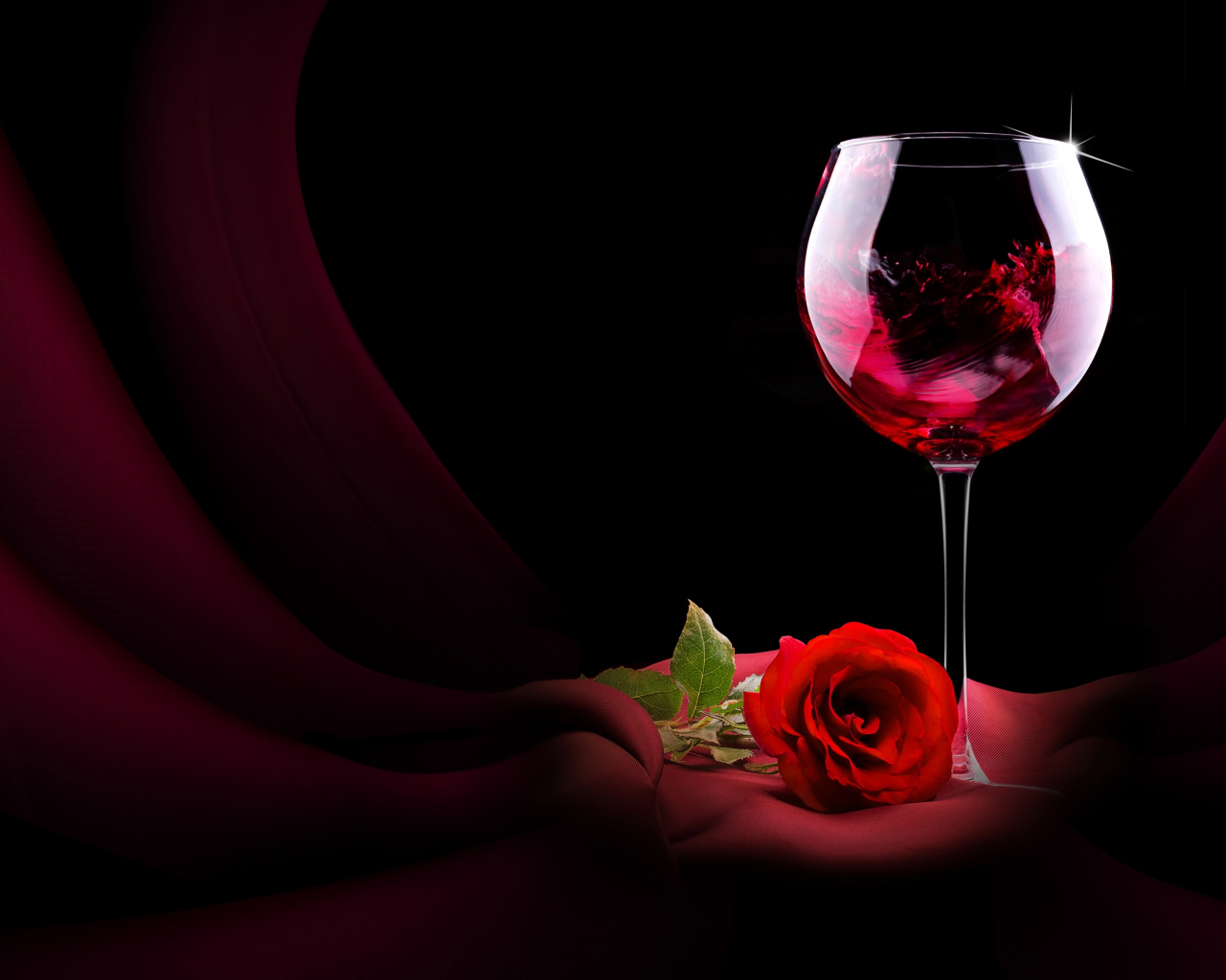 бокал, цветок, роза, вино, красная