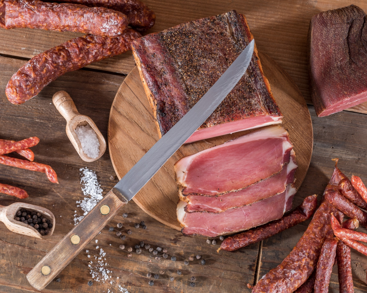 мясо, специи, колбаса, нож, бекон, ham, sausage, доска, meat