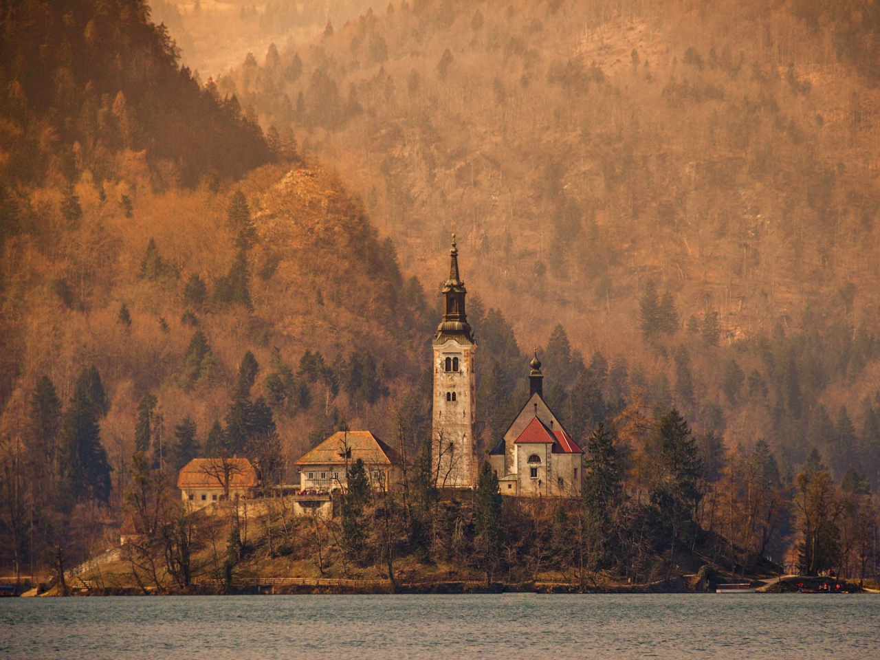 lake, church