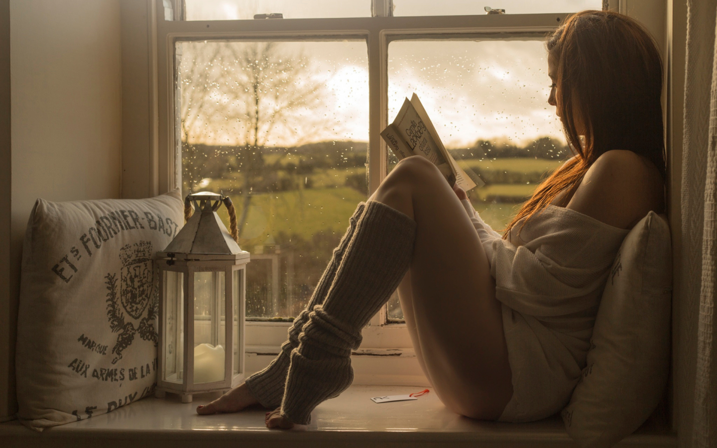 девушка, окно, girl, window, dress, short, front, floor, solar, white, legs, dark, drop, lips, eyes, nice, sky, wide