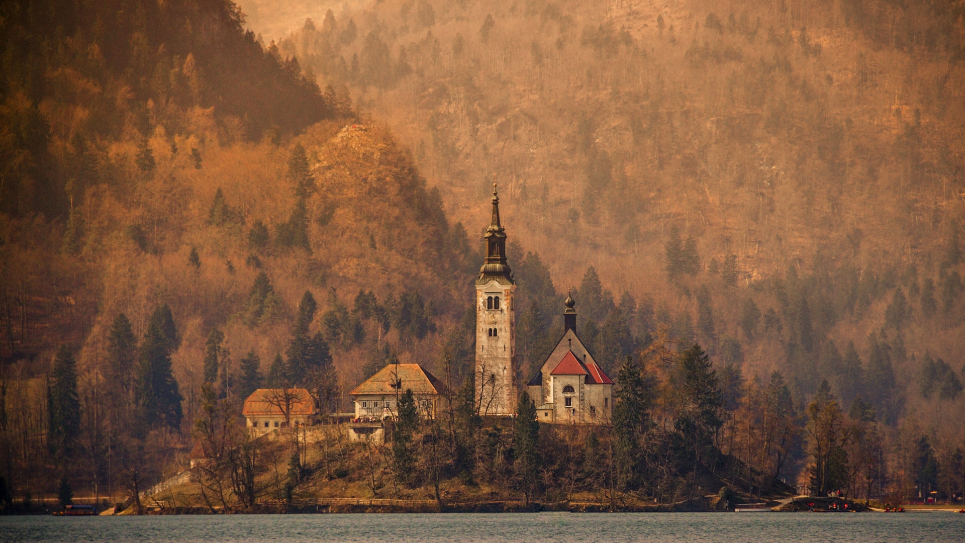 lake, church