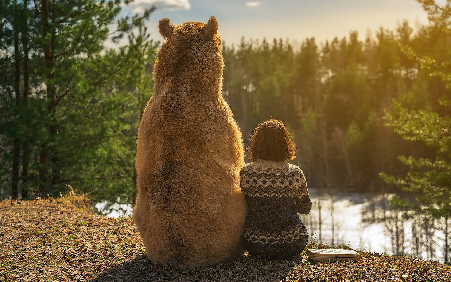 утро в россии, девушка, медведь, back, арт, smile, party, girl, bear, ass, art, sun, summer, white, forest, see, wide