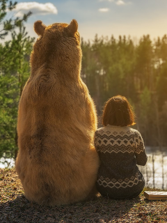 утро в россии, девушка, медведь, back, арт, smile, party, girl, bear, ass, art, sun, summer, white, forest, see, wide