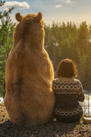 утро в россии, девушка, медведь, back, арт, smile, party, girl, bear, ass, art, sun, summer, white, forest, see, wide