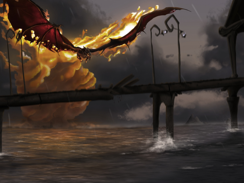 дракон, manon bargier, огонь, ситуация, арт, мост