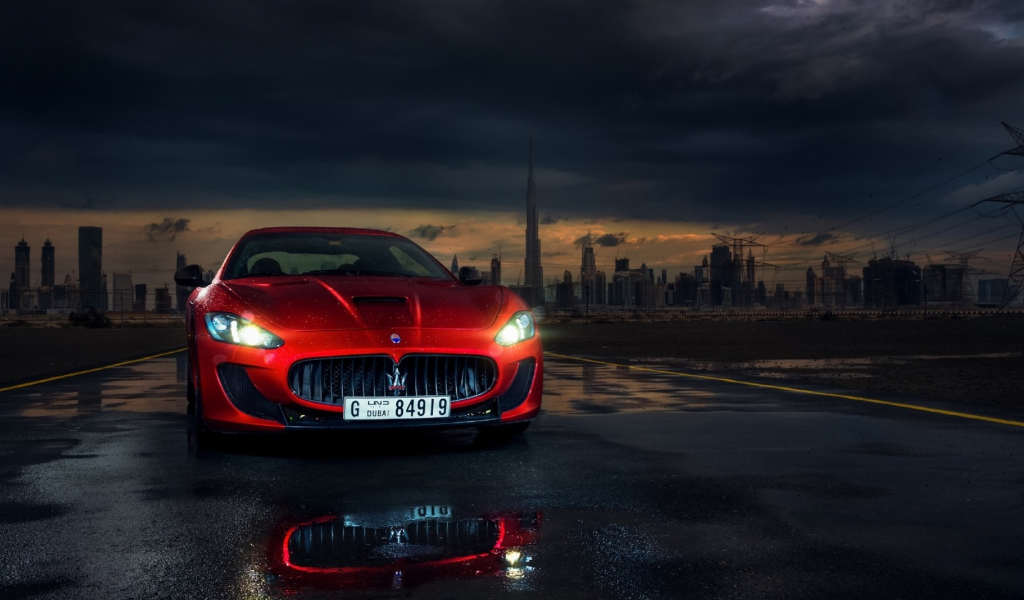 maserati, granturismo, dubai, дубаи, красный, дождь, ночь, горизонт