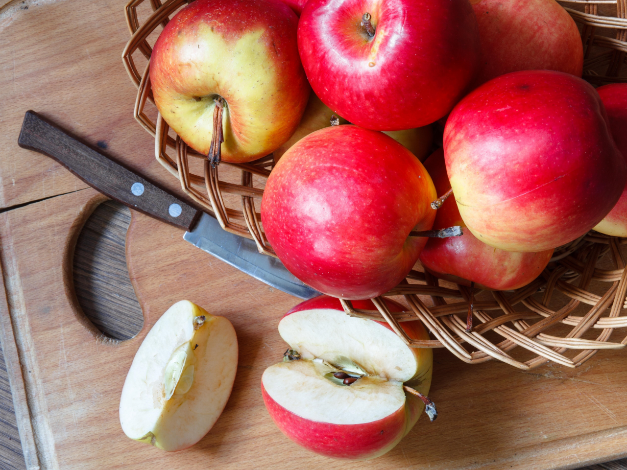 нож, яблоки, плоды