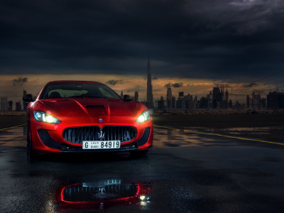 maserati, granturismo, dubai, дубаи, красный, дождь, ночь, горизонт