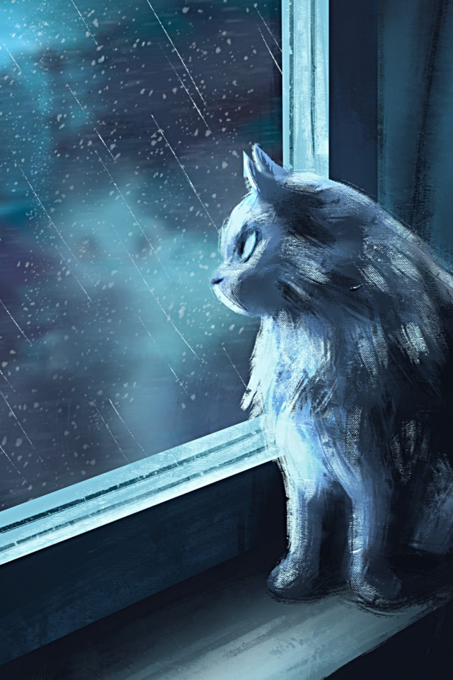 дождь, интерьер, кошка