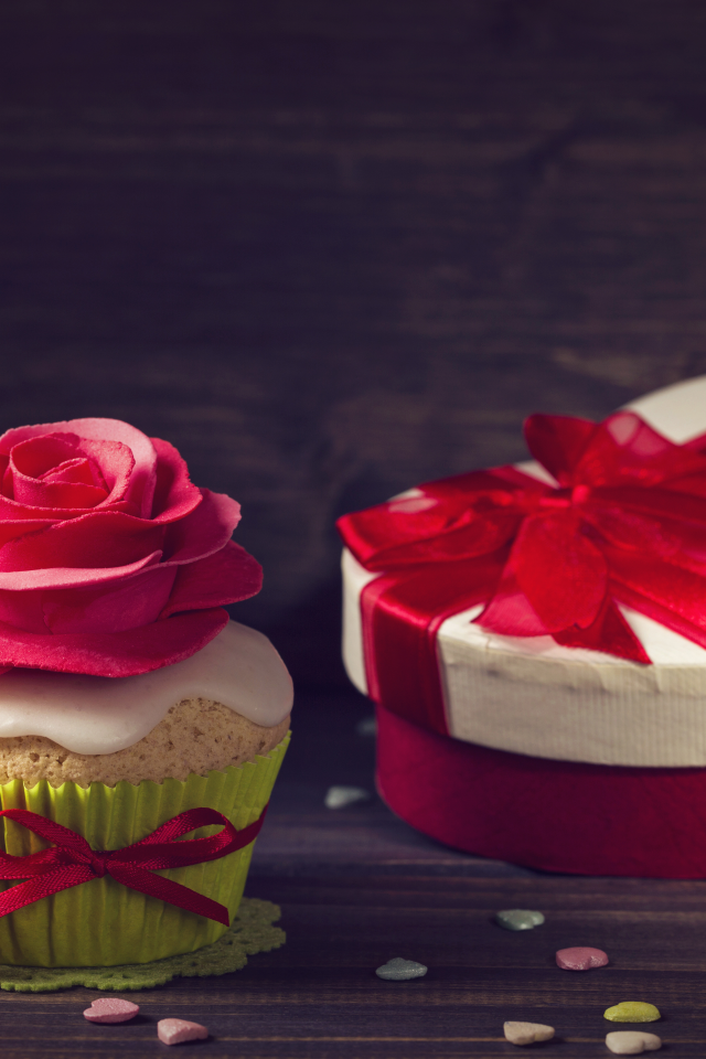 birthday, сердечки, подарок, украшение роза, кекс, лента, красный