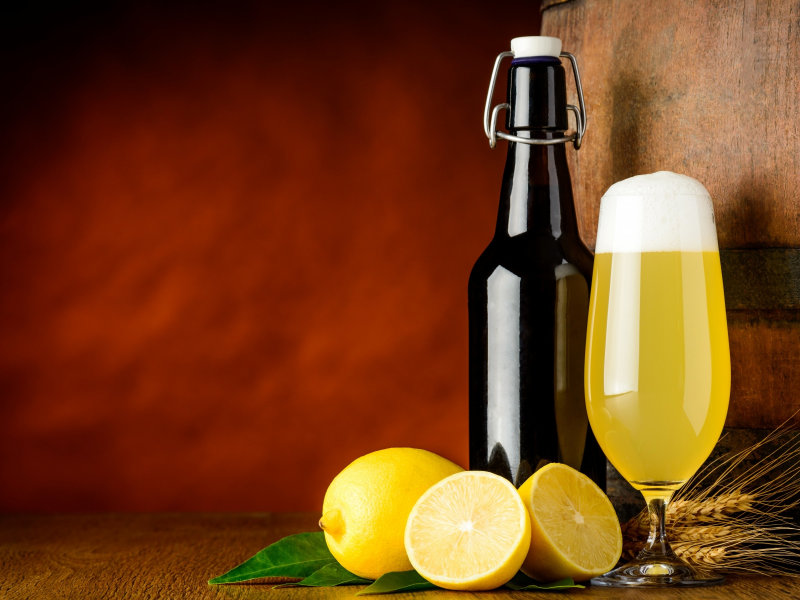 пиво, желтые, лимоны, фрукты, колоски, цитрусы, сок, бокал, бочка, бутылка
