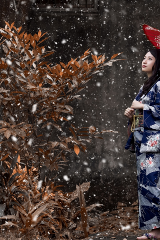 азиатка, кимоно, девушка, настроение, снег, зонтик, японка