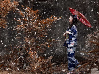 азиатка, кимоно, девушка, настроение, снег, зонтик, японка