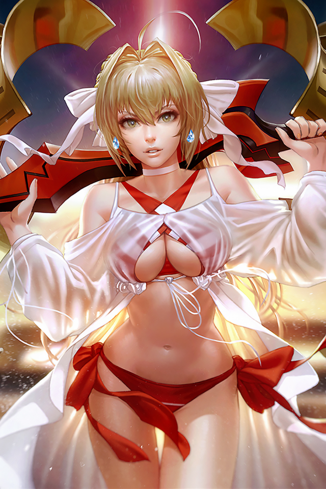 девушка, комната, girl, blonde, fgo, nero, swimsuit, white, red, color, room, leaves, flash, neon, sun, girl, see, field, sun, summer, nice, wide