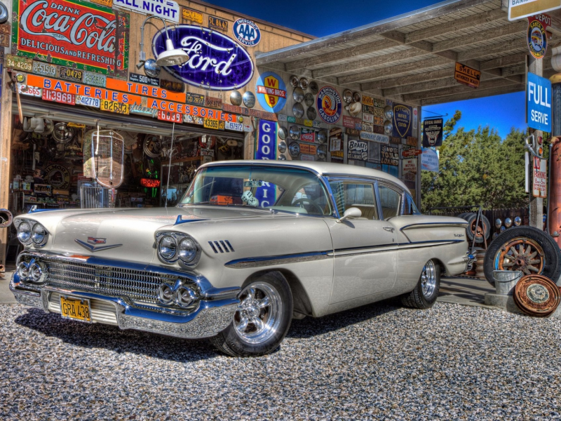 автомобиль, шевроле, заправка, classic, chevrolet, 1958, chevy, white, sedan, gas station, car, old, front, lebaron, luxury, retro, hdr, sun, summer, see, nice, wide